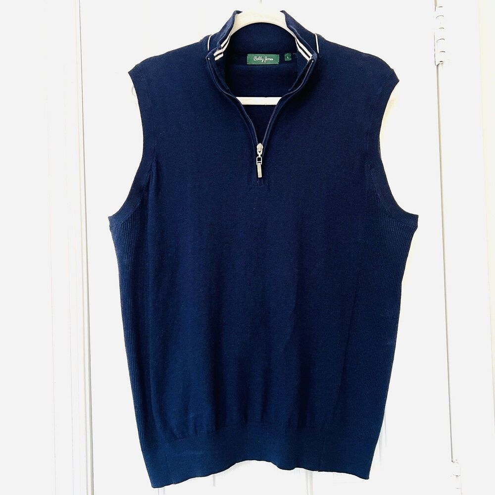 Bobby Jones Navy Blue Cashmere Merino Wool Cotton Blend Sweater Vest Golf Large